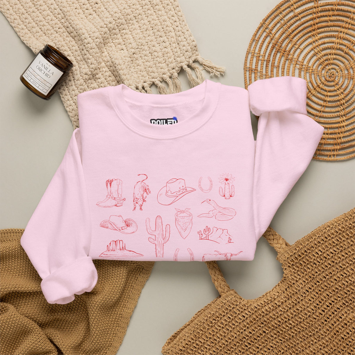 White Crewneck Sweatshirt with Pink Doodles — Minimal Animal Sketch Design