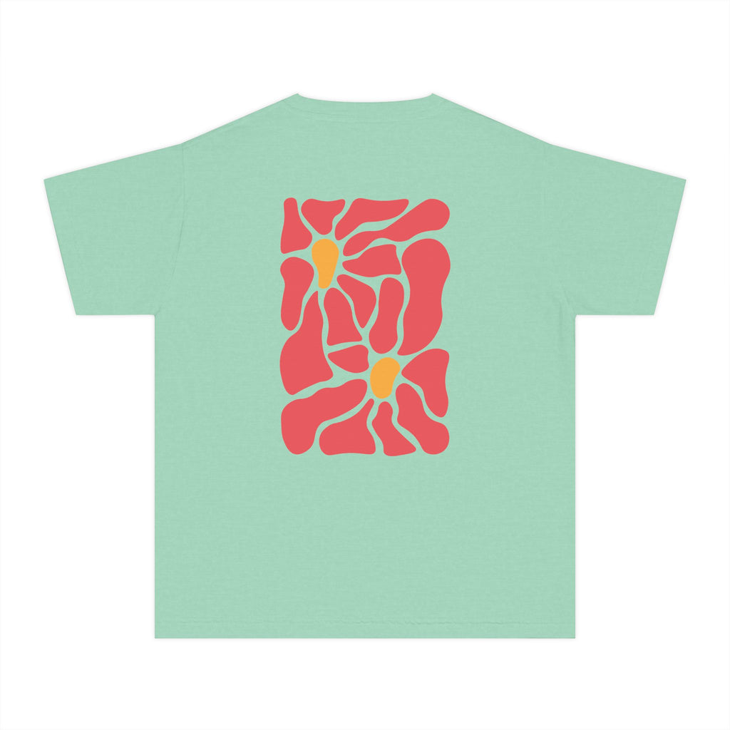 Youth Tee — Retro Floral Graphic Kids' T-Shirt, Blue & Red Flower Design