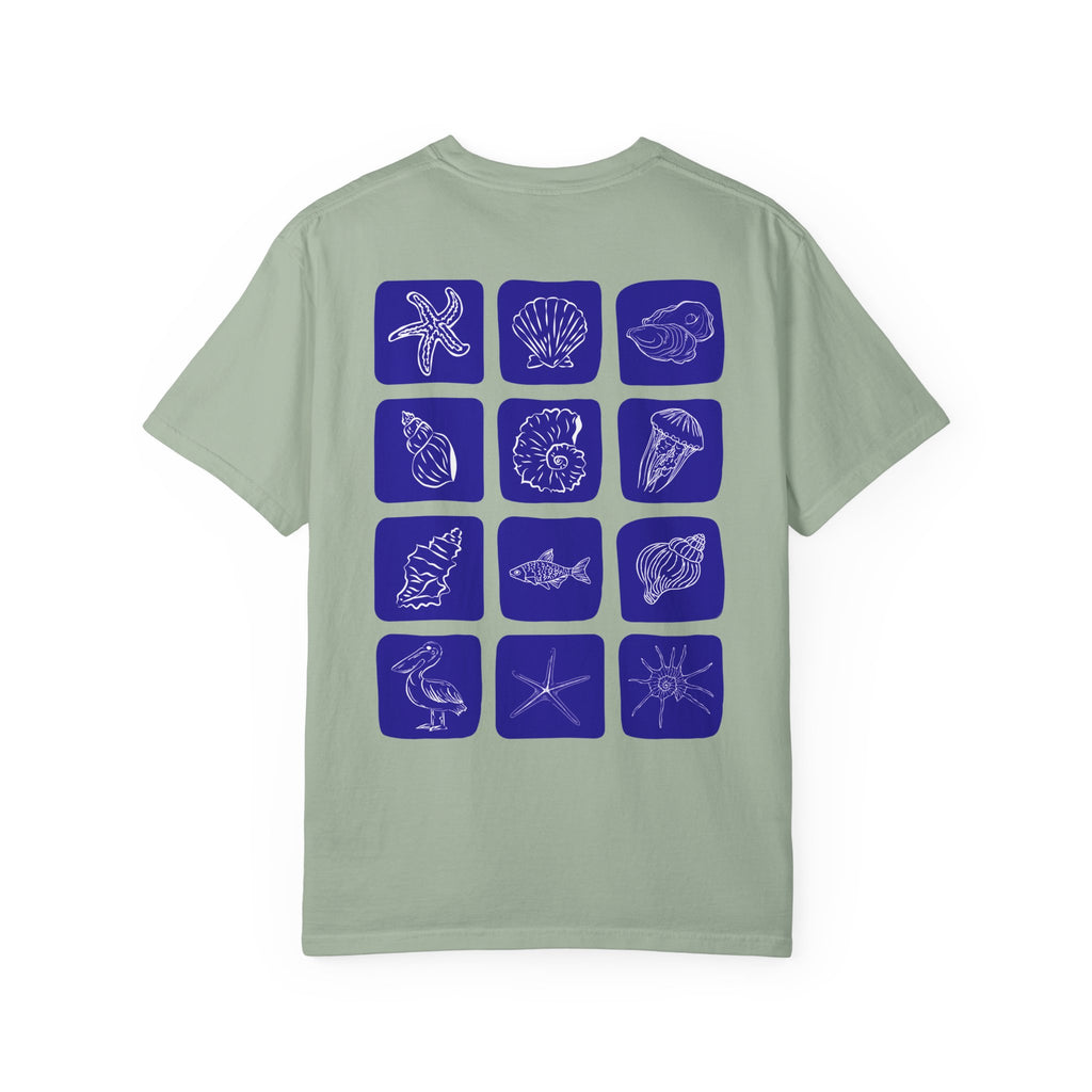 Seaside Shells T-Shirt — Blue Seashell Grid Graphic