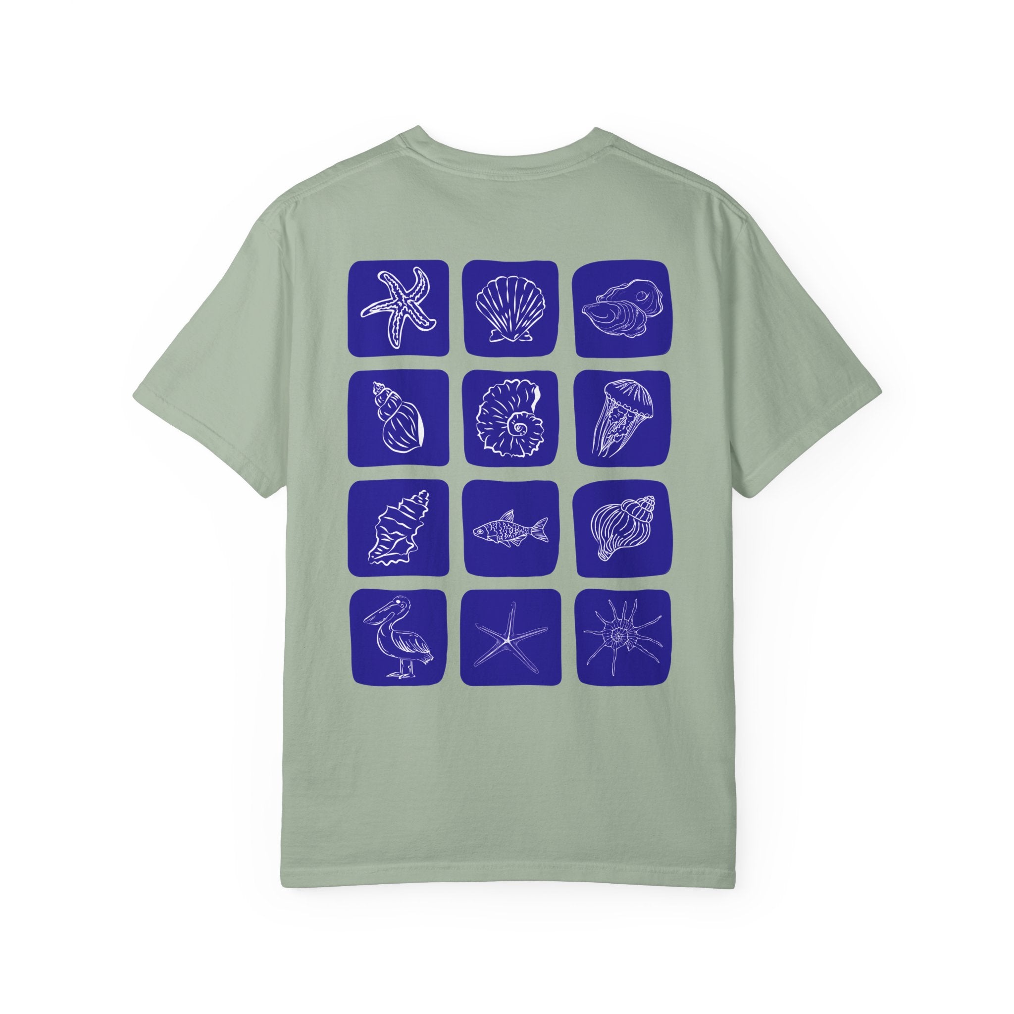 Seaside Shells T-Shirt — Blue Seashell Grid Graphic